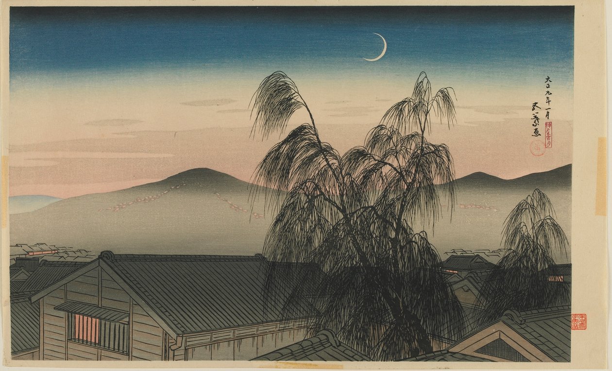 Aftenmåne i Kobe (Kobe no yoizuki) Taisho-æraen, januar 1920 (farve-træsnit) af Goyo Hashiguchi