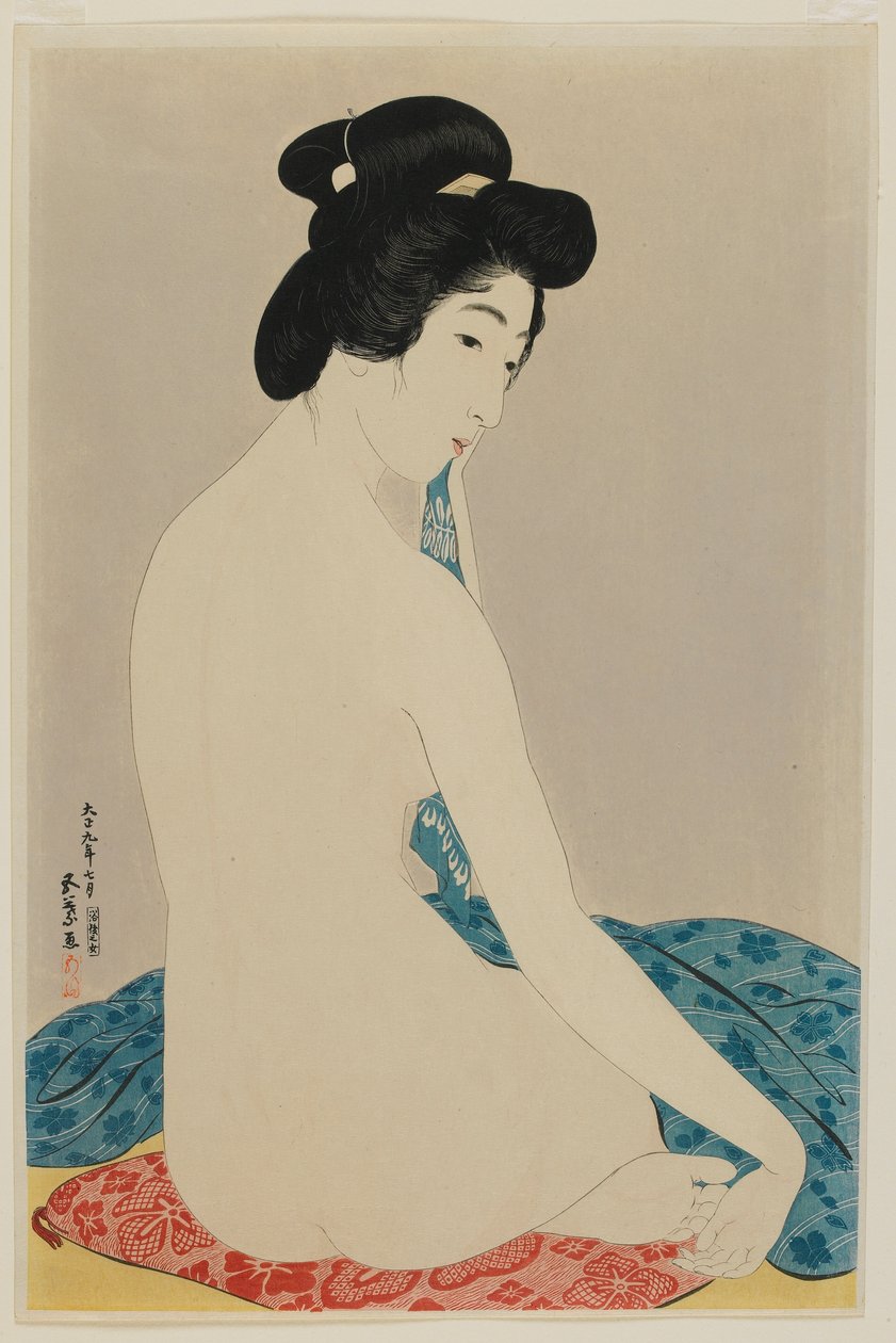 Woman After a Bath, Taisho-æra, juli 1920 (træbloktryk i farver) af Goyo Hashiguchi