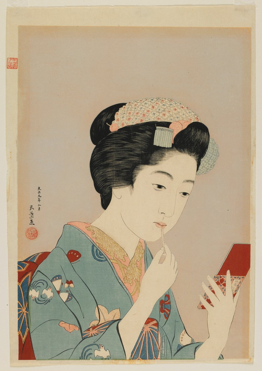 Kvinde, der påfører læberødt, Taisho-æraen, februar 1920 (farve-træsnit) af Goyo Hashiguchi
