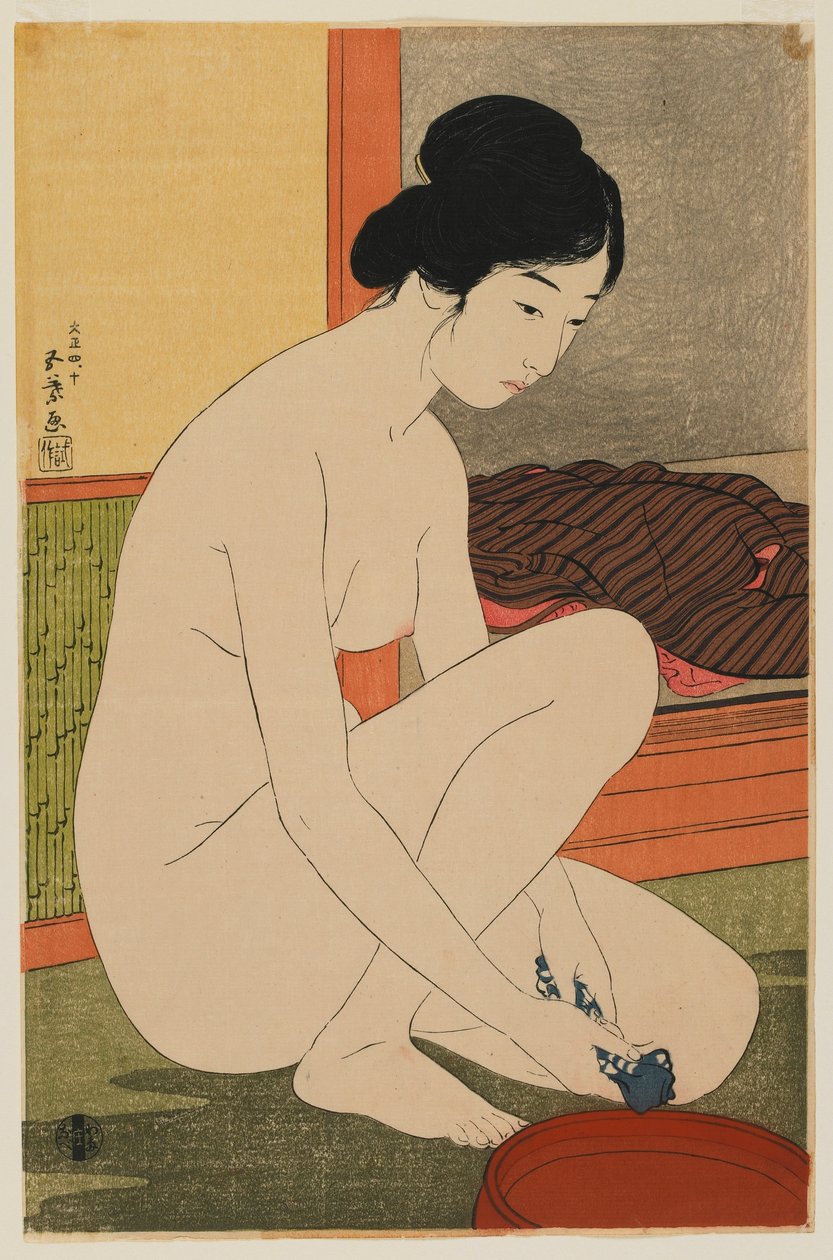 Kvinde i bad, Taisho-æraen, oktober 1915 (farve-træsnit) af Goyo Hashiguchi