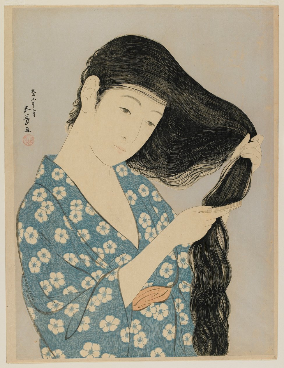 Woman Combing Her Hair, Taisho-æra, marts 1920 (træbloktryk i farver) af Goyo Hashiguchi