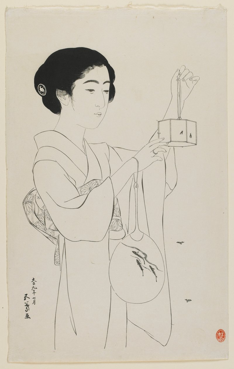 Kvinde holder et ildfluebur, Taisho-æra, juli 1920 (træbloktryk) af Goyo Hashiguchi