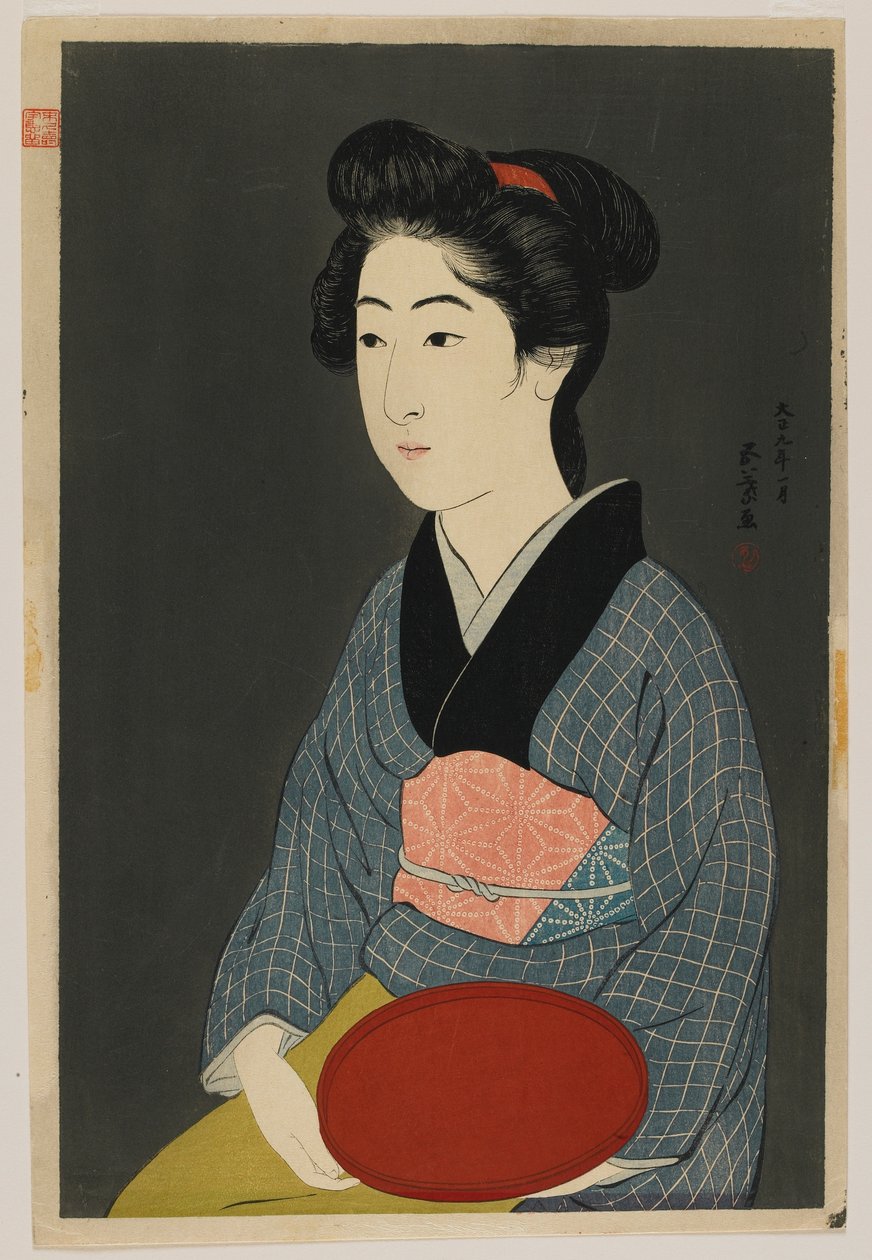 Kvinde med en bakke i hånden, Taisho-æraen, januar 1920 (farve-træsnit) af Goyo Hashiguchi