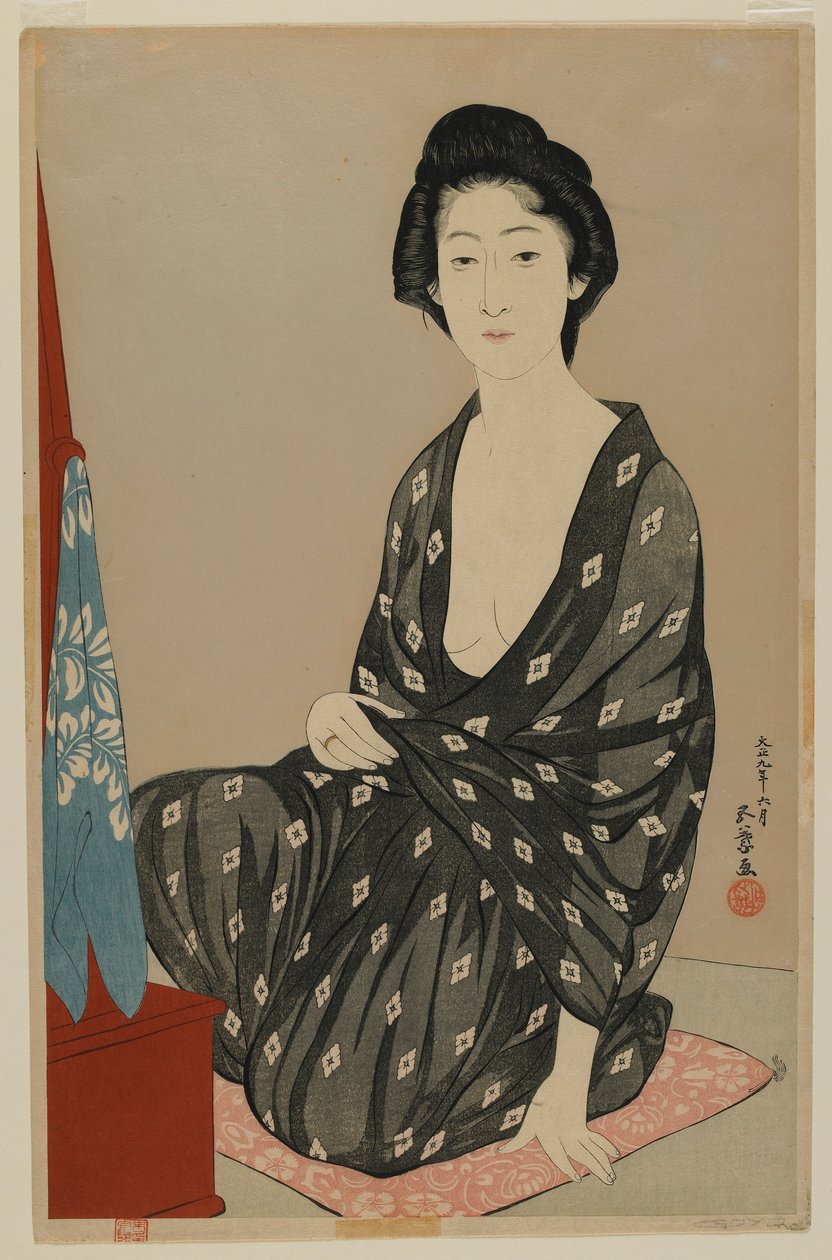 Kvinde i sommerkjole, Taisho-æra, juni 1920 (træbloktryk i farver) af Goyo Hashiguchi