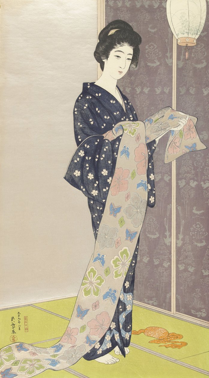 Ung kvinde i en sommer kimono, 1920 (farvetræsnit) af Goyo Hashiguchi