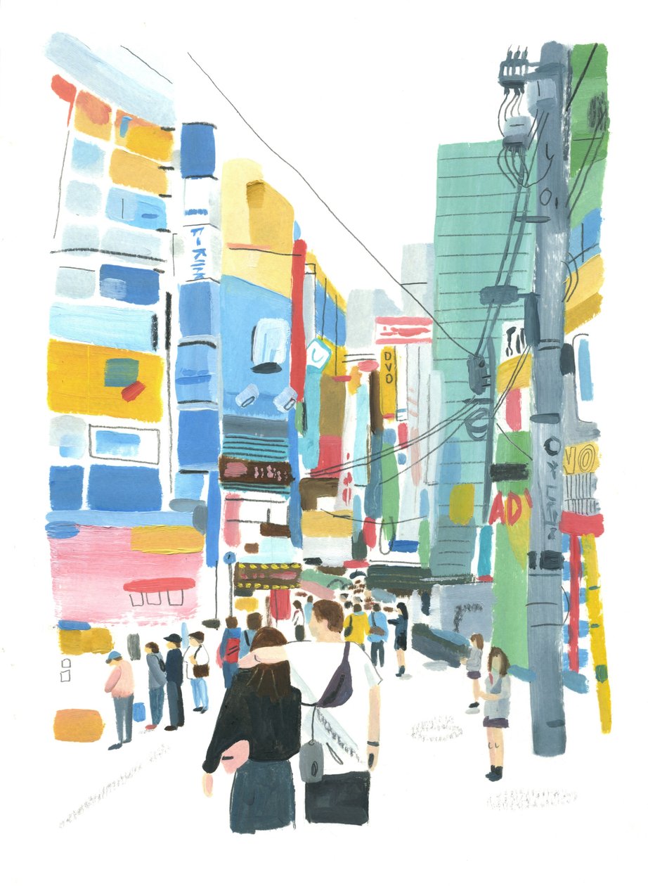 Akihabara, 2015 (olie på papir) af Grace Helmer