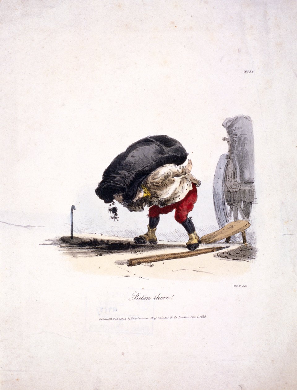 Udsigt af en kulmand, der fjerner en tung sæk kul fra sin vogn, 1828 af Graf Engelmann Coindet and Company
