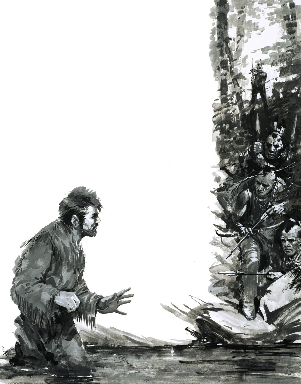 Alexander Mackenzie trues af indianere, da han vader gennem en flod af Graham Coton