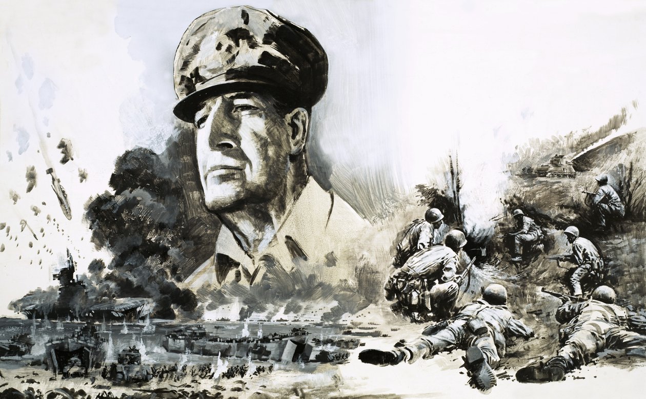 Douglas MacArthur med scener fra D-dagens landgang af Graham Coton