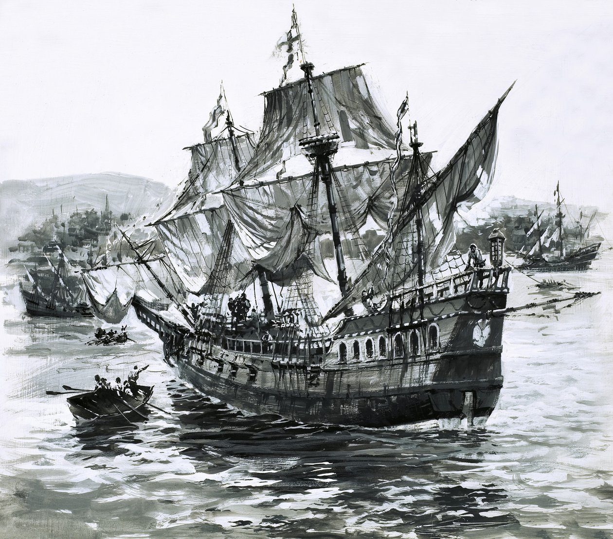 Drakes skib, Golden Hind, halter tilbage til Portsmouth med enorme rigdomme. af Graham Coton