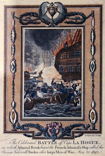 Det fejrede slag ved Cape La Hogue, 20. maj 1692 (farvet radering) af Grainger