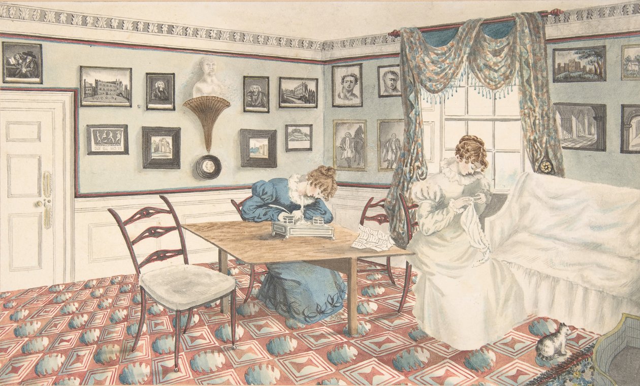 To unge kvinder, der skriver og syr i et interiør i Hatton, Warwickshire, 1820-30. af Granddaughters of Dr. Samuel Parr.