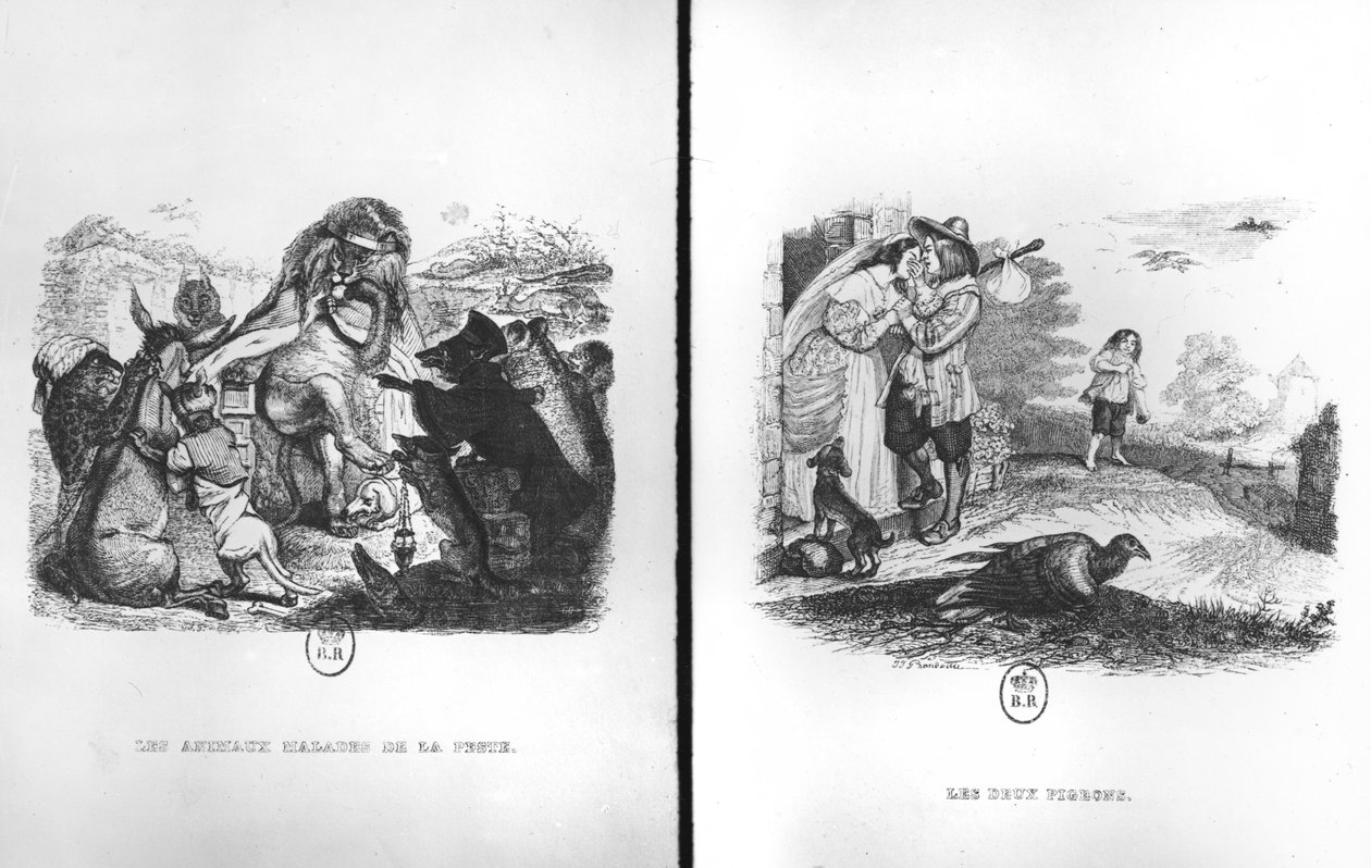 Dyr med pesten og De to duer, illustrationer fra fabler fra La Fontaine af Grandville