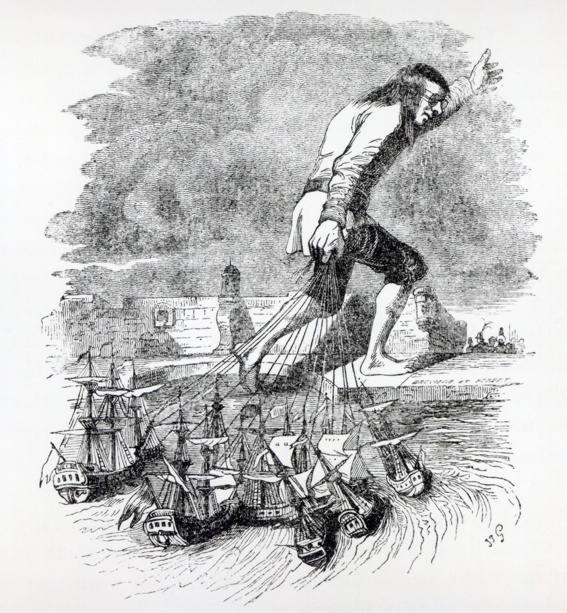 Gulliver stjæler den blefuscudiske flåde, illustration fra 