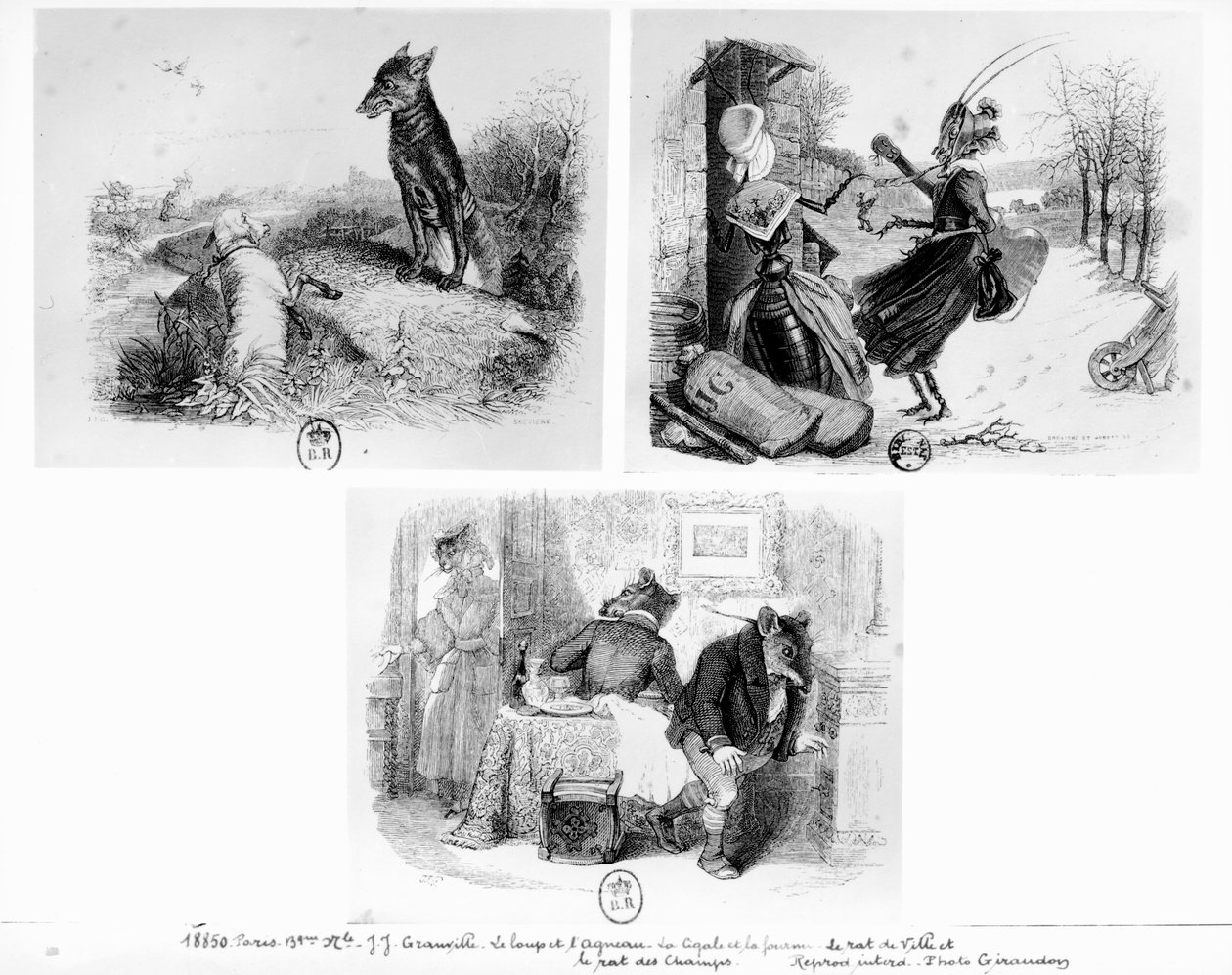 Illustration til fortællingerne "Ulven og lammet", "Cikaden og myren" og "Byrotten og landrotten" fra "Fabler" af Jean de La Fontaine (1621-95) af Grandville