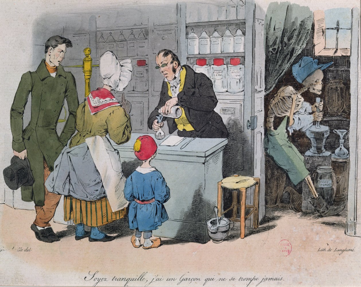 Apotekeren og hans Assistent, graveret af Langlume, c.1840 af Grandville