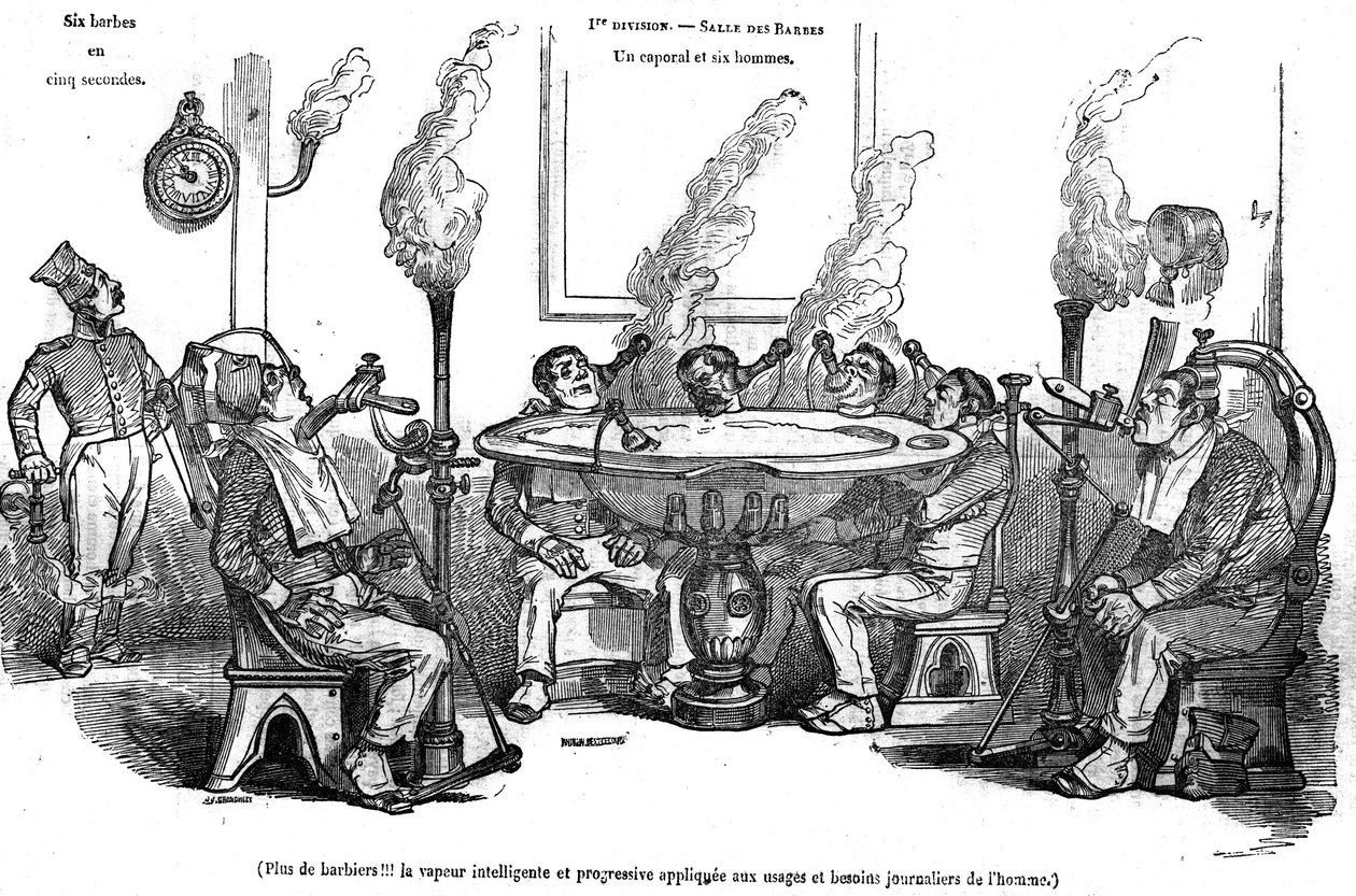 Tegneserie af Grandville, der forestiller en korporal og hans mænd i Salle des Barbes, der sidder med en dampmaskine og barberer dem uden hjælp fra en barber. I "" Den maleriske butik"" 1835 af Grandville