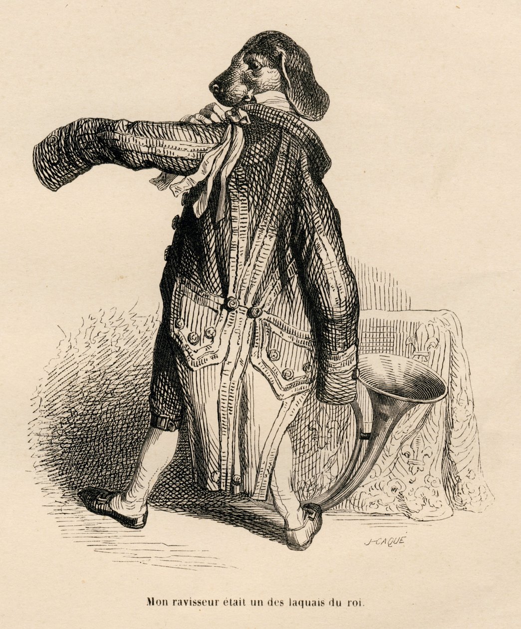 Hund i rollen som en lakaj af kongen. Miniaturer illustreret af JJ Granville. Gravering signeret Caque i delen "Historien om en hare" skrevet af PJ Stahl i "Scener fra dyrenes private og offentlige liv". Paris, J. Hetzel og Paulin af Grandville