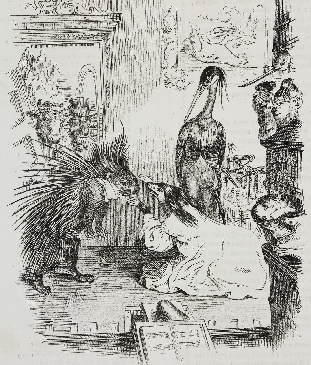 Hund og pindsvin, karikatur af Jean-Jacques Grandville (1803-1847), litografi af Giovanni Mariani fra Poliorama Pittoresco, n 38, 30. april af Grandville