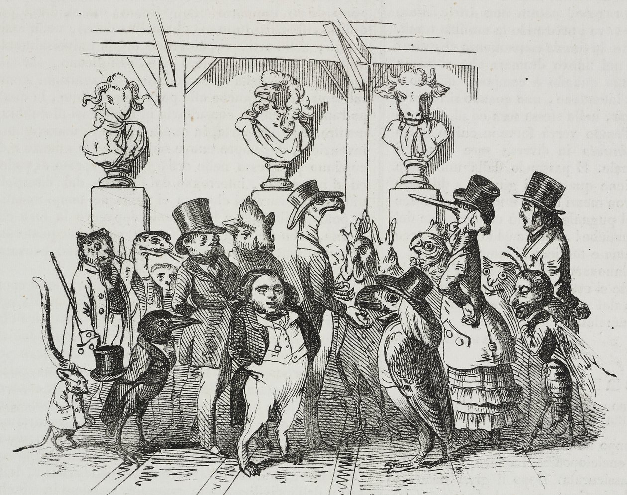 Udgang fra teatret, karikatur af Jean-Jacques Grandville (1803-1847), litografi af Giovanni Mariani fra Poliorama Pittoresco, nr. 39, 7. maj af Grandville