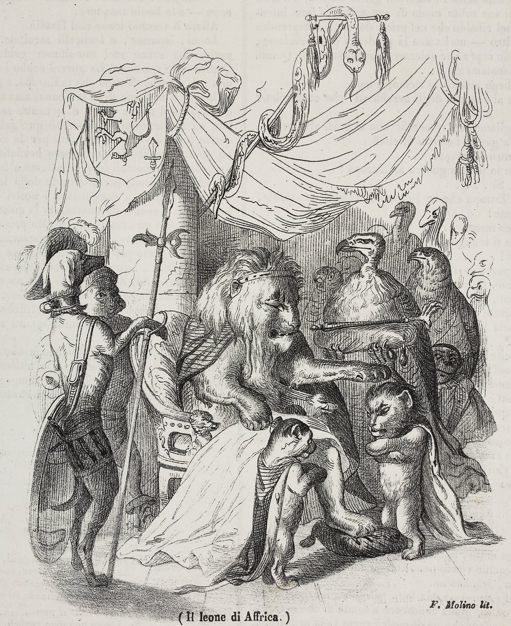 Lion of Africa, karakter af historien om afrikansk løve og tre indfødte unge løver, litografi af Filippo Molino (1804-1856) efter tegning af Jean-Jacques Grandville (1803-1847), af Grandville