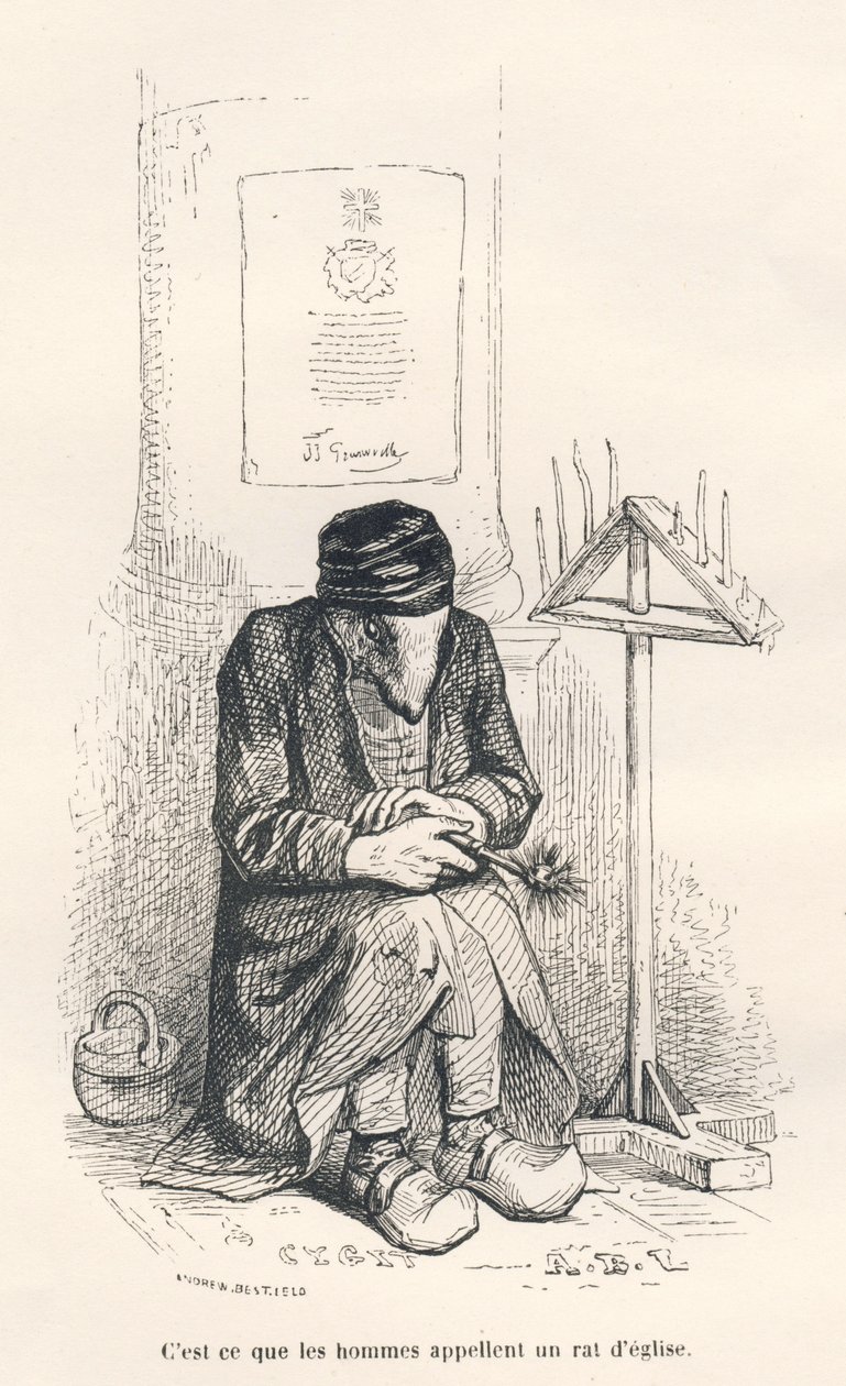Kirkerotte. Vignetter illustreret af JJ Granville. Gravering signeret Andrew, Best og Leloir i delen med titlen "The philosopher rat" skrevet af Edouard Lemoine i "Scener af dyrenes private og offentlige liv". Paris, J. Hetzel og Paulin af Grandville