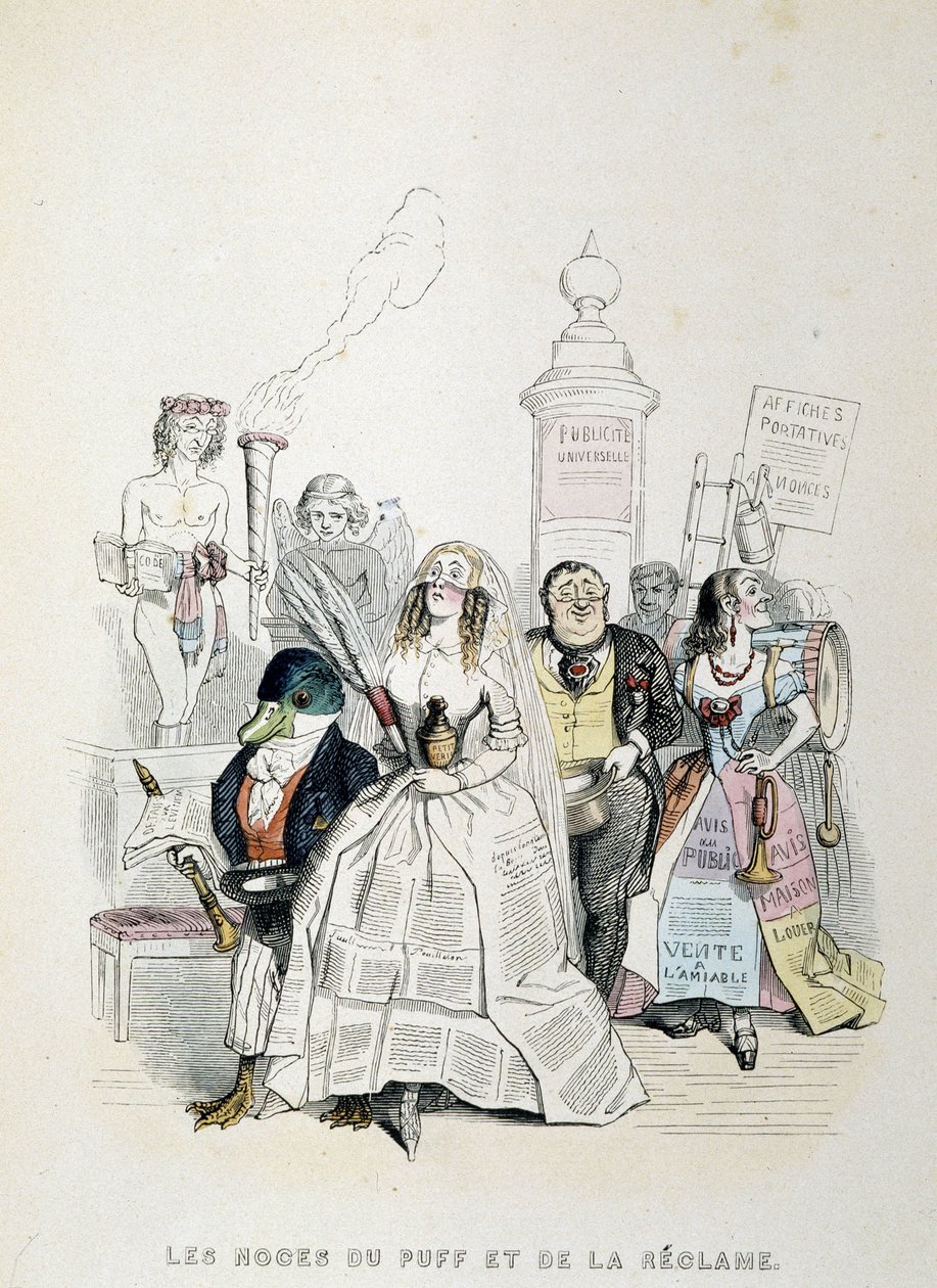The Wedding of the Puff and the Advertising (tegnefilm om overfloden af pressereklamer) - af Grandville af Grandville