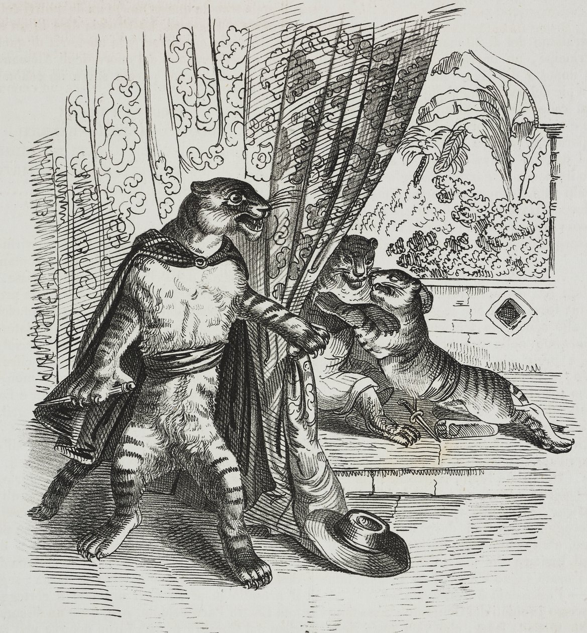 Tiger rykker frem med dolk, karikatur af Jean-Jacques Grandville (1803-1847), litografi af Gaetano Riccio fra Poliorama Pittoresco, n 39, 7. maj af Grandville