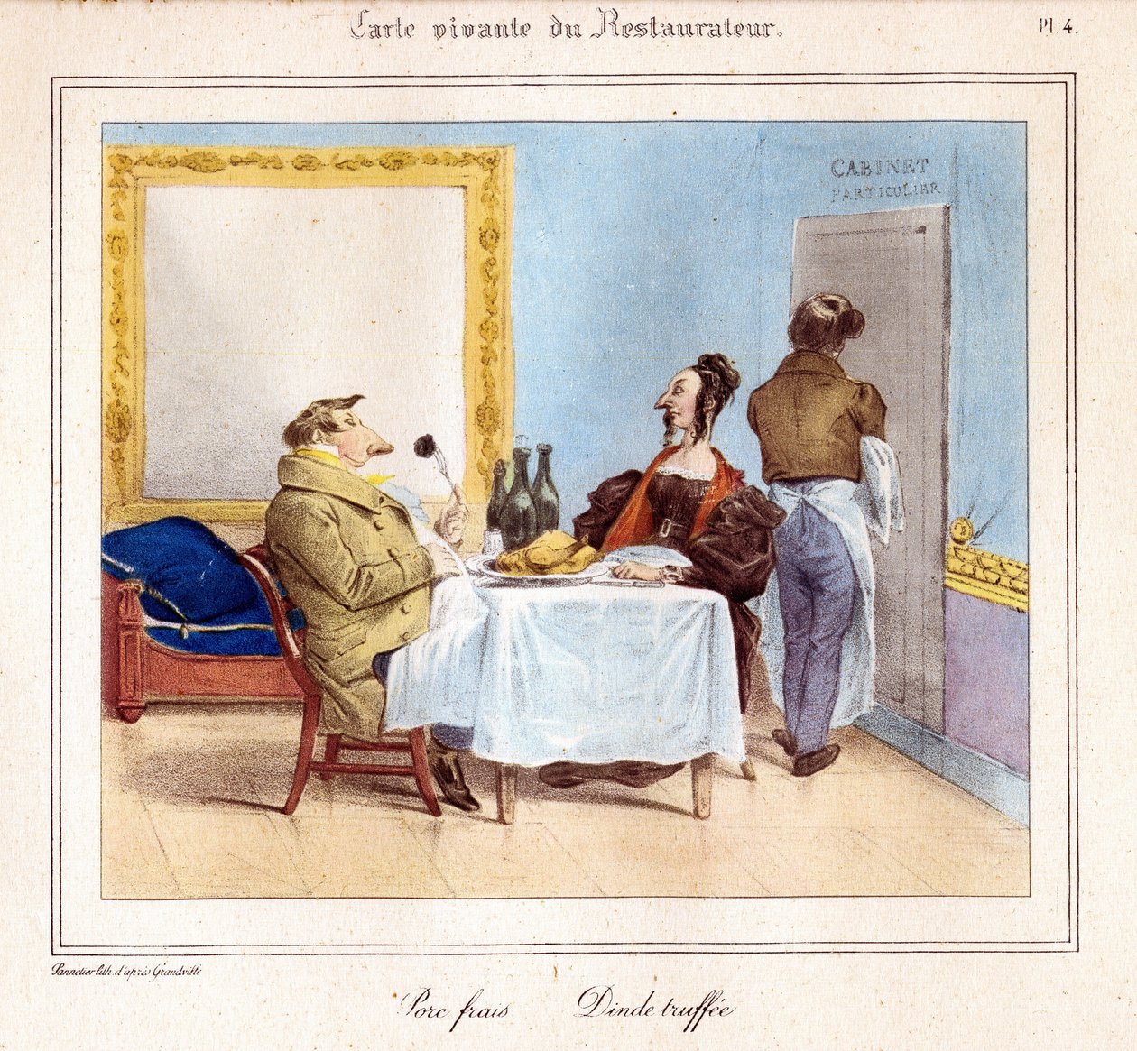 Restauratørens Livskort: Frisk svinekød og kalkuntrøffe. 1831-32 (litografi) af Grandville
