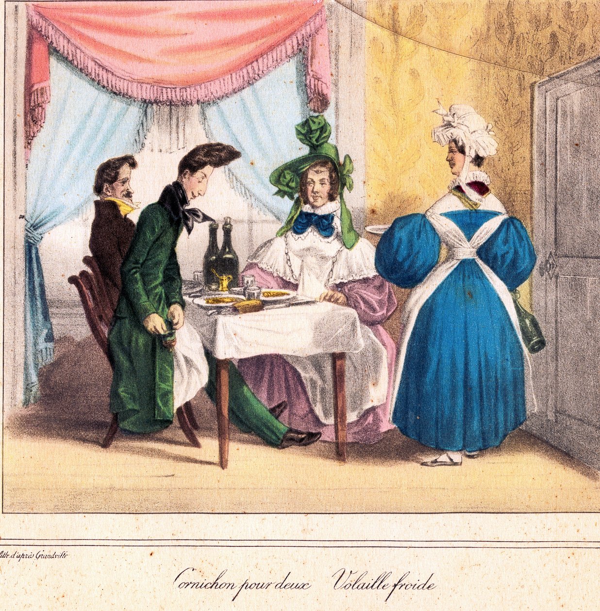 Restauratørens livskort: Pickle for to, kold kylling 1831-32 (litografi) af Grandville