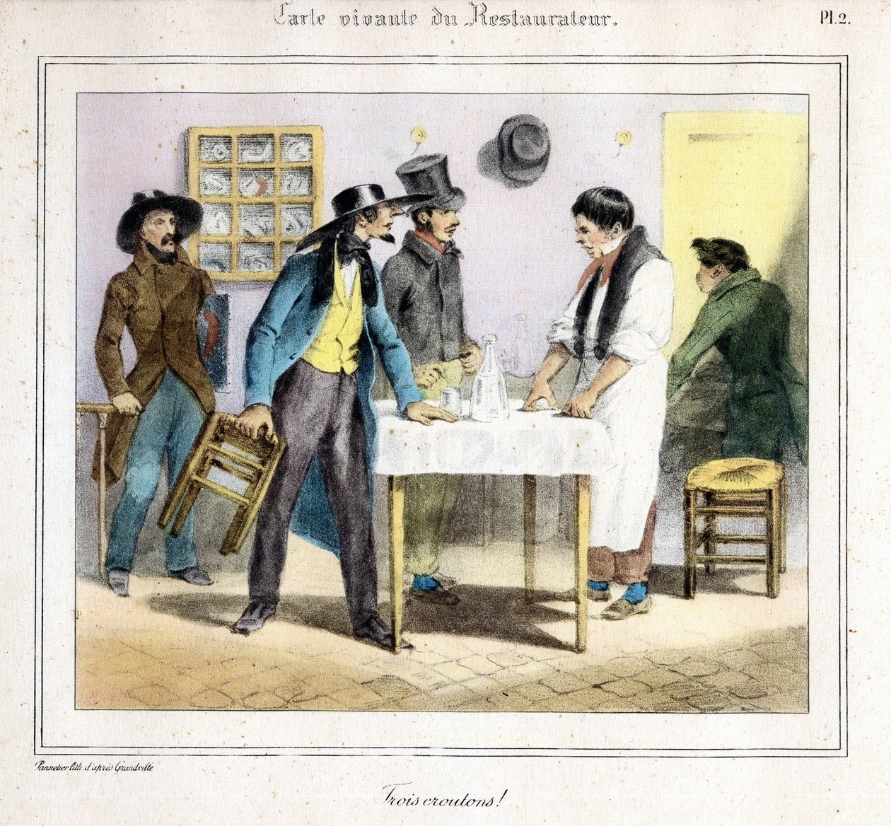 Restauratørens Livskort: Tre croutoner! 1831-32 (litografi) af Grandville