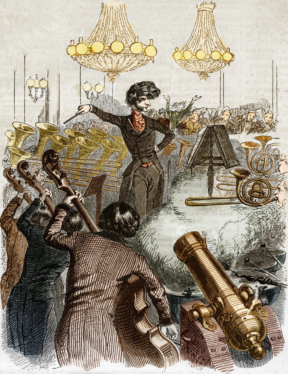 En koncert har et maskingevær. Tegnefilm af Hector Berlioz under ledelse af et orkester. I "" Jerome Paturot på jagt efter en social position"" illustreret af Grandville. af Grandville