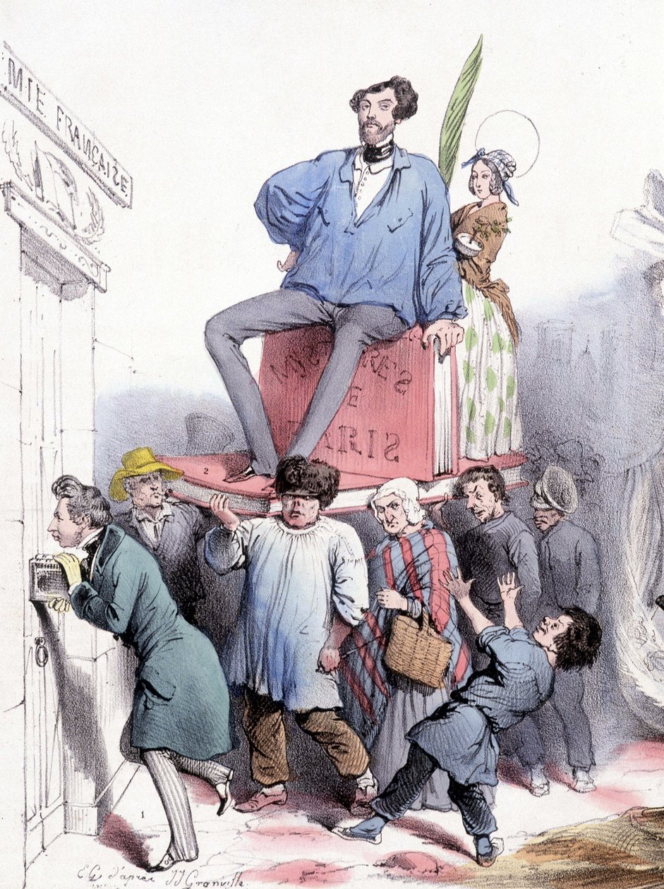 Alfred de Vigny banker på døren til akademiet med sine komplette værker, og Eugène Sue, der sidder på "" Les mystères de Paris"", klædt i Prins Rodolphes blå lærredspalet - af Grandville, i "" Le Charivari""" af 21/02/1844 af Grandville