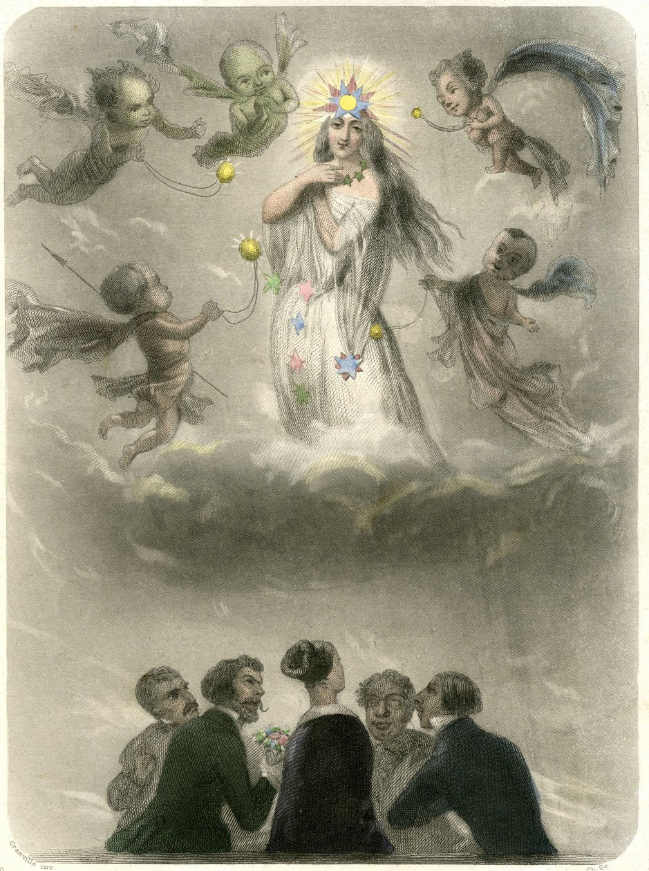Allegori om en ung kvinde omgivet af fire sukkere, som sammenligner sig selv med en planet, som fire satellitter graviterer omkring, hvoraf den ene bliver hendes sol. Grandville-stik, der illustrerer et kapitel i Merys bog: "Stjernerne" af Grandville (1803 47)