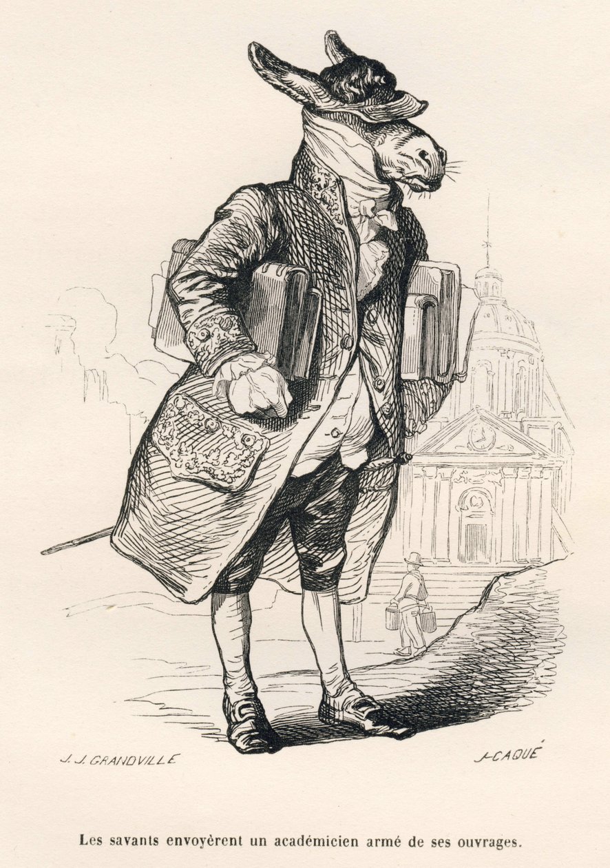 En akademiker med ansvar for værker. Miniaturer illustreret af JJ Granville. Gravering signeret Caque i delen med titlen "Guide-æsel til brug for dyr, der ønsker at opnå hæder" skrevet af Honore De Balzac i "Scener af privat og offentligt liv af Grandville