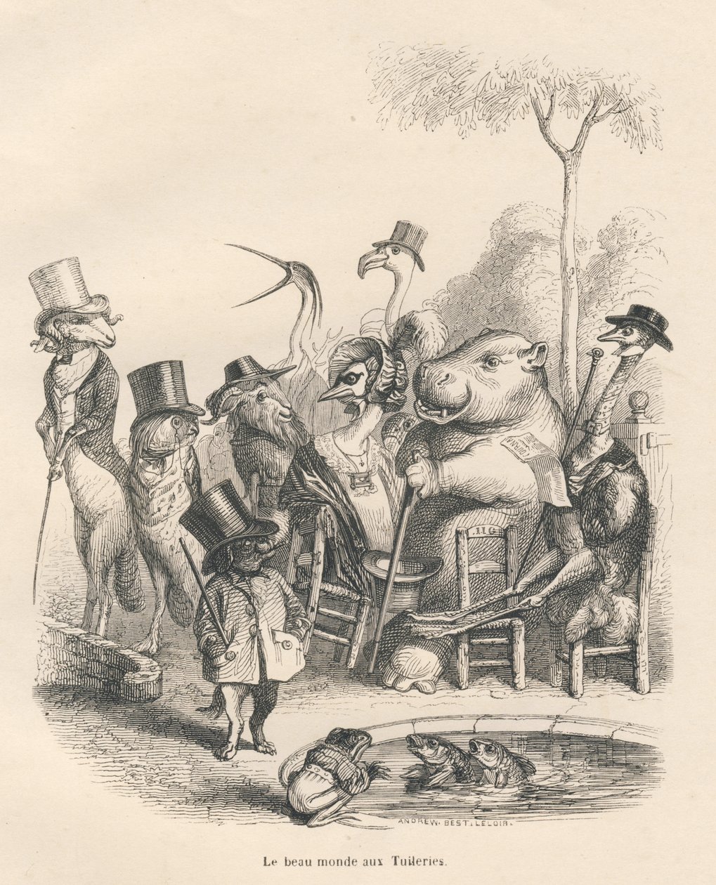 Dyr i elegante tøj, der går i Tuilerierne. Vignetter illustreret af JJ Granville. Gravering signeret Andrew, Best og Leloir i delen "History of a Hare" skrevet af PJ Stahl i "Scener af dyrenes private og offentlige liv". Vædde af Grandville
