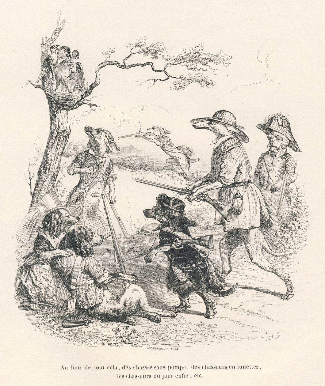 Dyr i jægere. Vignetter illustreret af JJ Granville. Indgravering af Andrew, Best og Leloir i afsnittet med titlen "Memories of an Old Crow" skrevet af PJ Stahl i "Scener fra dyrenes private og offentlige liv". Paris, J. Hetzel og Pa af Grandville