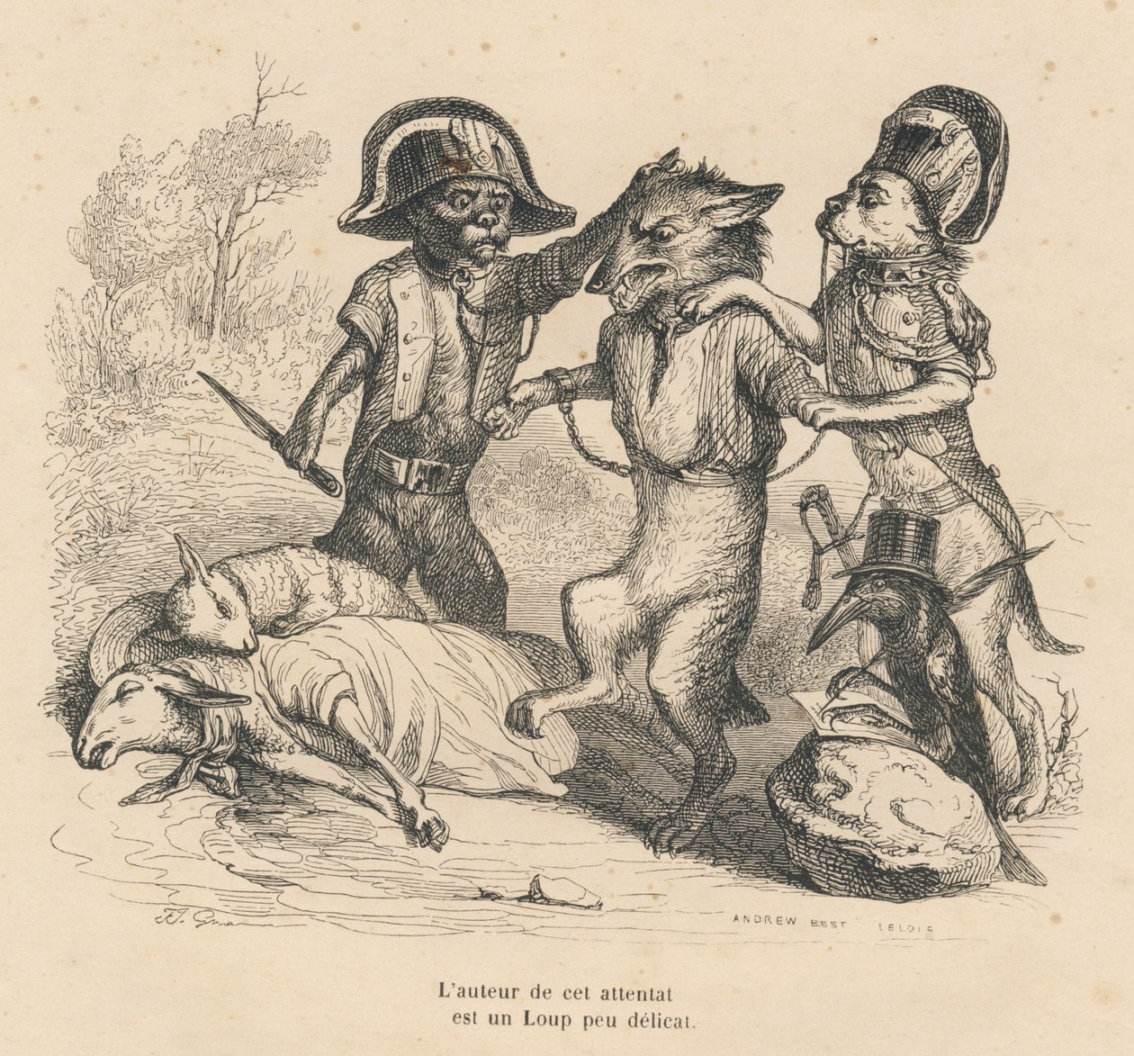 Anholdelse af en ulv, der lige havde dræbt to får. Vignetter illustreret af JJ Granville. Gravering signeret Andrew, Best og Leloir i delen med titlen "Criminal Court of Animal Justice" skrevet af Emile de La Bedolliere i "Scenes de la vie privee et p af Grandville