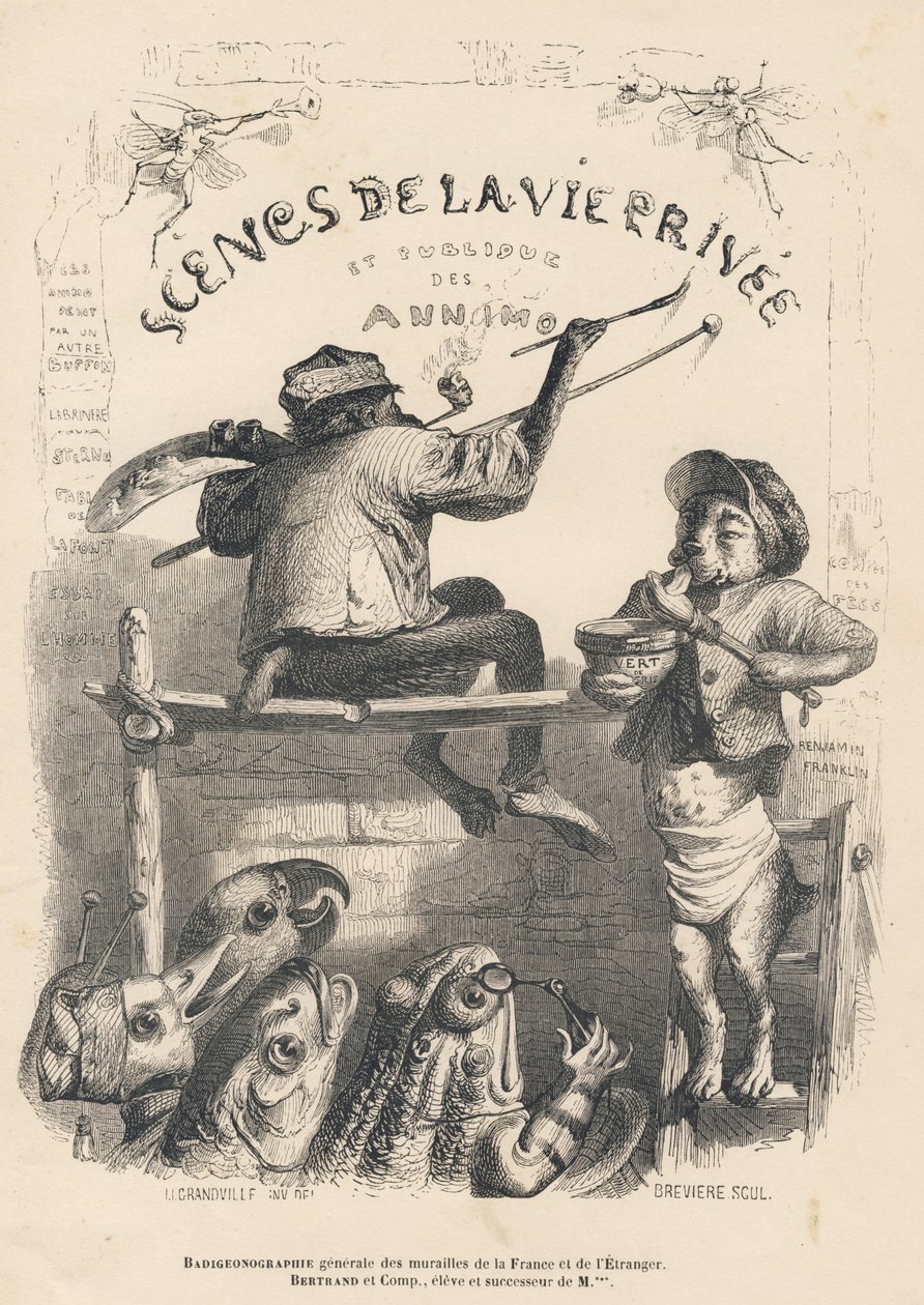 Generel hvidkalkning af væggene i Frankrig og i udlandet. Miniaturer illustreret af JJ Granville. Indgravering signeret Breviere i prologen med titlen "Parlamentary Summary" skrevet af PJ Stahl i "Scener fra dyrenes private og offentlige liv". af Grandville