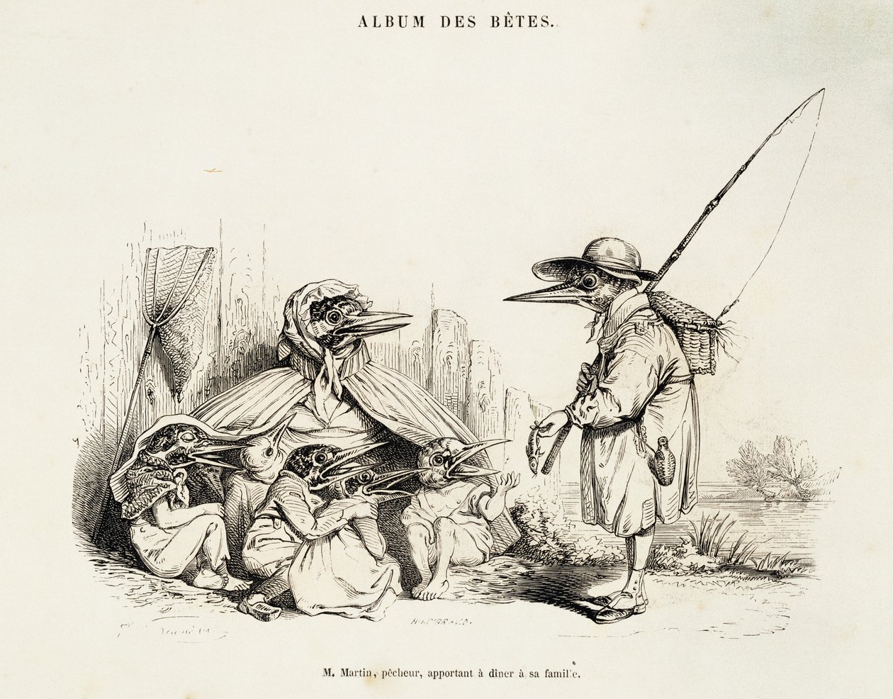 Karikatur af fugle fra Album des betes af Jean-Ignace-Isidore Gerard, kendt under pseudonymet Jean-Jacques eller J. J. Grandville (1803-1847) og Wilhelm von Kaulbach (1805-1874), Paris af Grandville