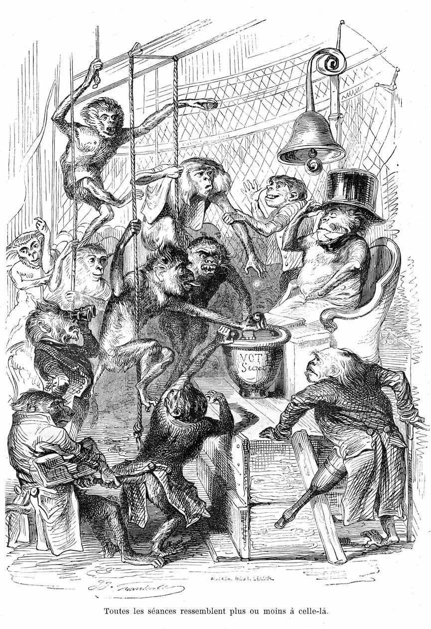 Tegneserie: La Chambre des Deputes vue comme un Palais des Monpes - Gravering af Grandville, hentet fra bogen "Dyrenes private og offentlige liv (Les animaux peints pa them memes)", Hetzel edition 1867 s. 566 - Kapitel med titlen "Tablets of the Gira af Grandville (1803 47)