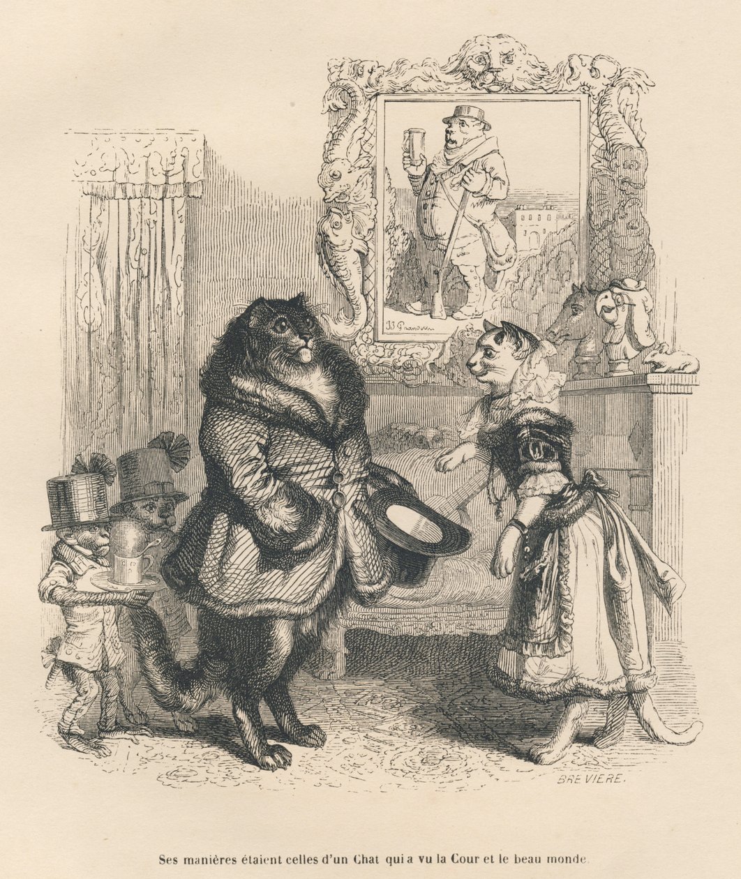 Hofkat hilser på en ung hunkat. Miniaturer illustreret af JJ Granville. Gravering signeret Breviere i delen med titlen "Court pains of an English cat" skrevet af Honore de Balzac i "Scener fra dyrenes private og offentlige liv". Paris, J af Grandville