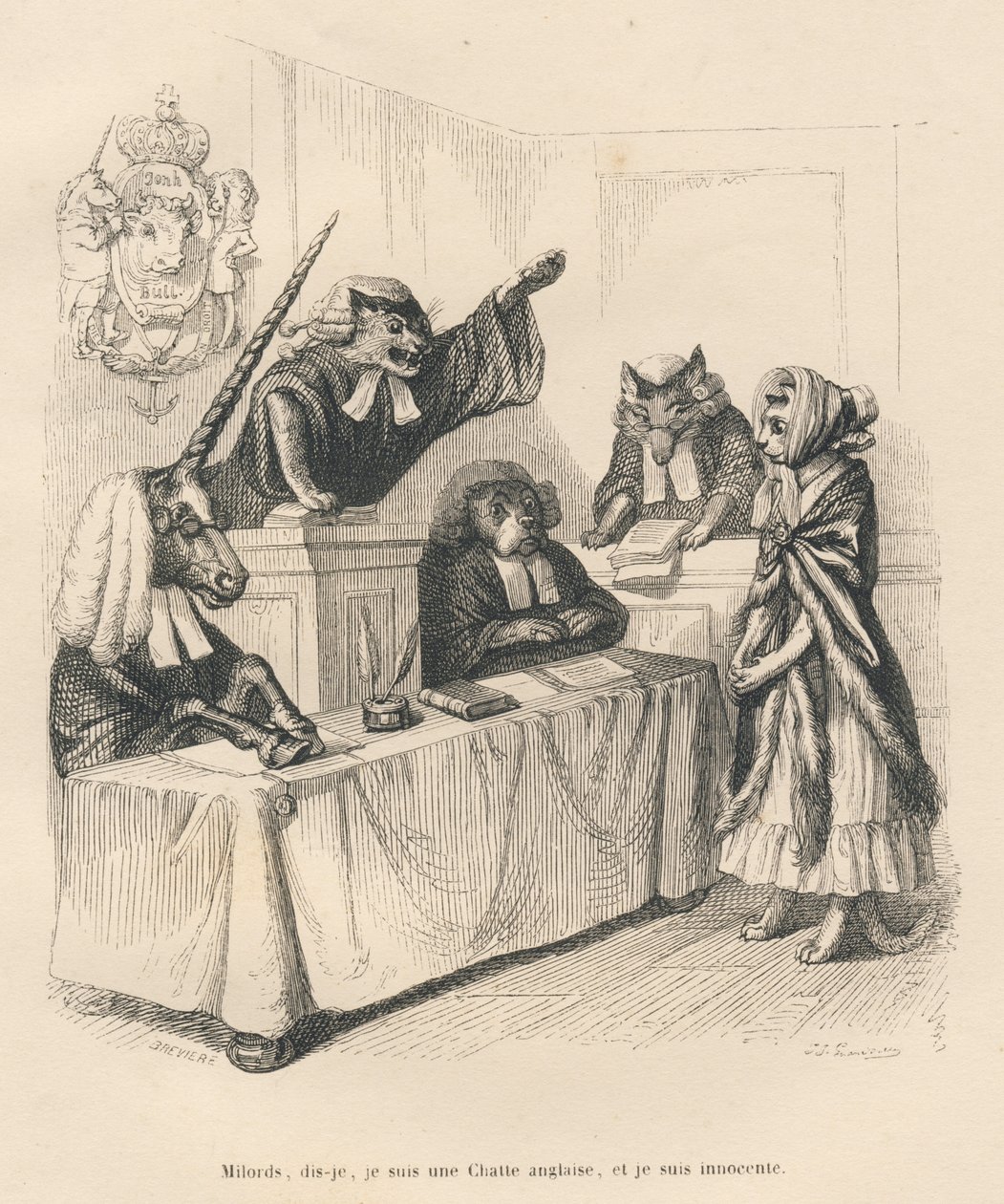 Kat, der forsvarer sig i en domstol bestående af en enhjørning, en kat, en hund og en ulv. Miniaturer illustreret af JJ Granville. Gravering signeret Breviere i delen med titlen "Court pains of an English cat" skrevet af Honore de Balzac i "Sc af Grandville