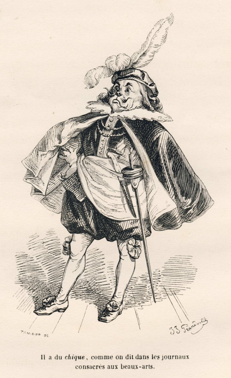 Hund med chic. Vignetter illustreret af JJ Granville. Gravering signeret Tamisier i delen med titlen "Le premier feuilleton de Pistolet" skrevet af Jules Janin i "Scener af dyrenes private og offentlige liv". Paris, J. Hetzel og Paulin af Grandville