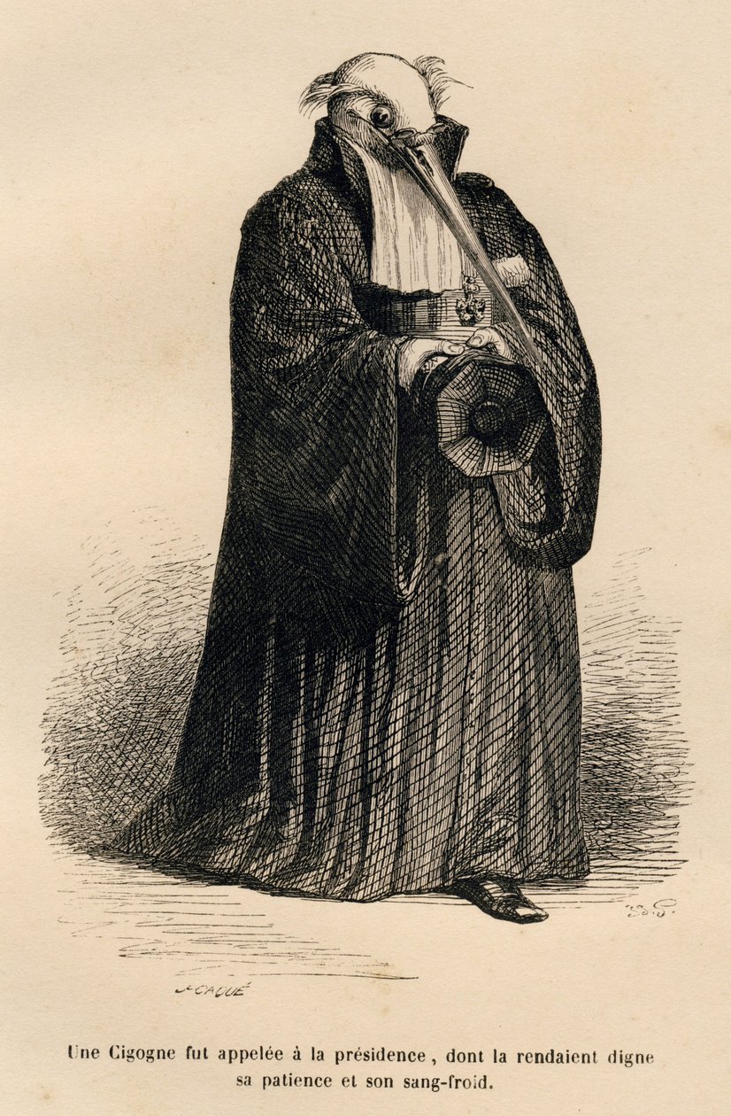 Stork i dommer. Miniaturer illustreret af JJ Granville. Gravering signeret Caque i delen med titlen "Criminal Court of Animal Justice" skrevet af Emile de La Bedolliere i "Scener fra dyrenes private og offentlige liv". Paris, J. Hetzel og Paulin af Grandville