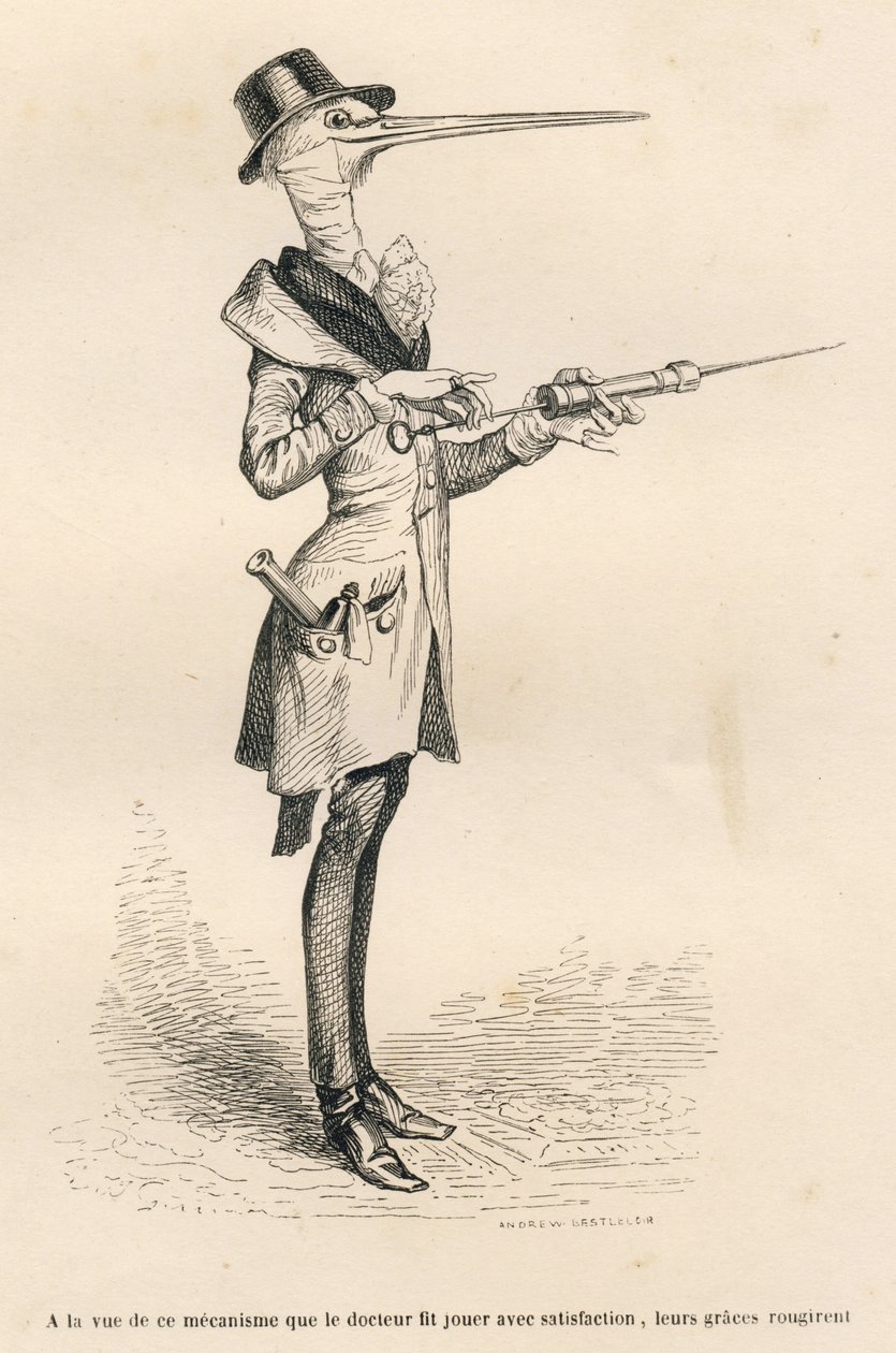 Stork som læge, der håndterer et lavement. Miniaturer illustreret af JJ Granville. Gravering signeret Andrew, Best og Leloir i delen med titlen "Court pains of an English cat" skrevet af Honore de Balzac i "Scener fra det private og offentlige liv i af Grandville