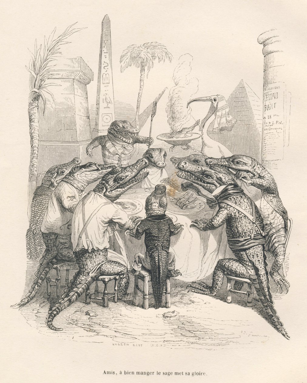 Krokodiller omkring et bord i Egypten. Miniaturer illustreret af JJ Granville. Gravering signeret Andrew, Best og Leloir i delen med titlen "Memories of a crocodile" skrevet af Emile de La Bedolliere i "Scener fra dyrenes private og offentlige liv". af Grandville
