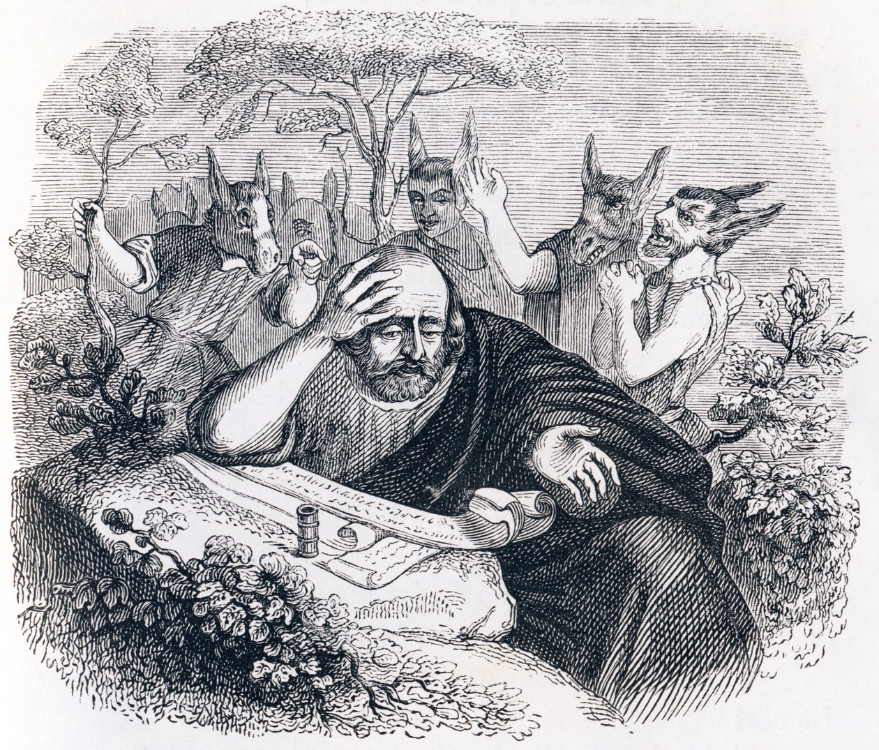 Demokratisk (460-370 f.Kr.). og abderitanerne. (Brev fra Hippokrates) - Fabler af La Fontaine af Grandville
