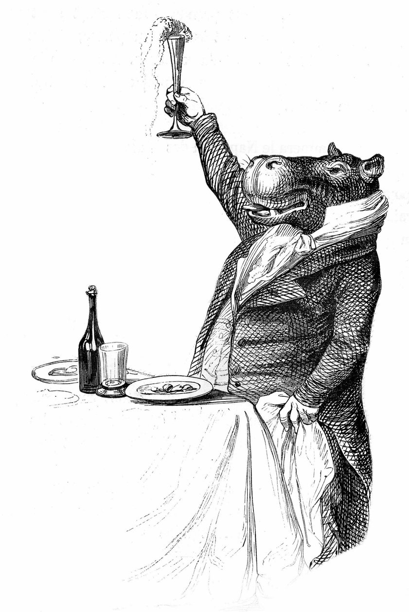 Detalje af et stik af Grandville, hentet fra bogen Private and Public Life of Animals (Les animaux ints par eux memes), udgave Hetzel 1867 - Flodhest ved et bord, der løfter sit glas og udbringer en skål. af Grandville (1803 47)