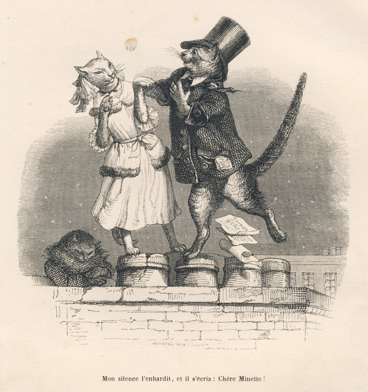 To katte, der forfører hinanden på et tag. Miniaturer illustreret af JJ Granville. Gravering signeret Andrew, Best og Leloir i delen med titlen "Court pains of an English cat" skrevet af Honore de Balzac i "Scener fra dyrenes private og offentlige liv af Grandville